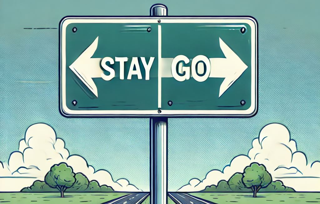illustrasjon av skilt som peker én vei mot "stay" og én vei mot "go"