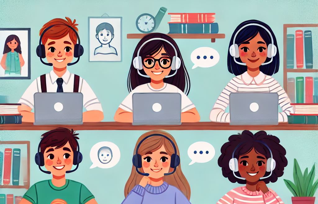 illustrasjon av studenter som sitter foran laptops med headset