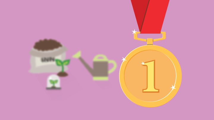 Illustration of a gold medal against a purple background. There are also small gardening tools in the background