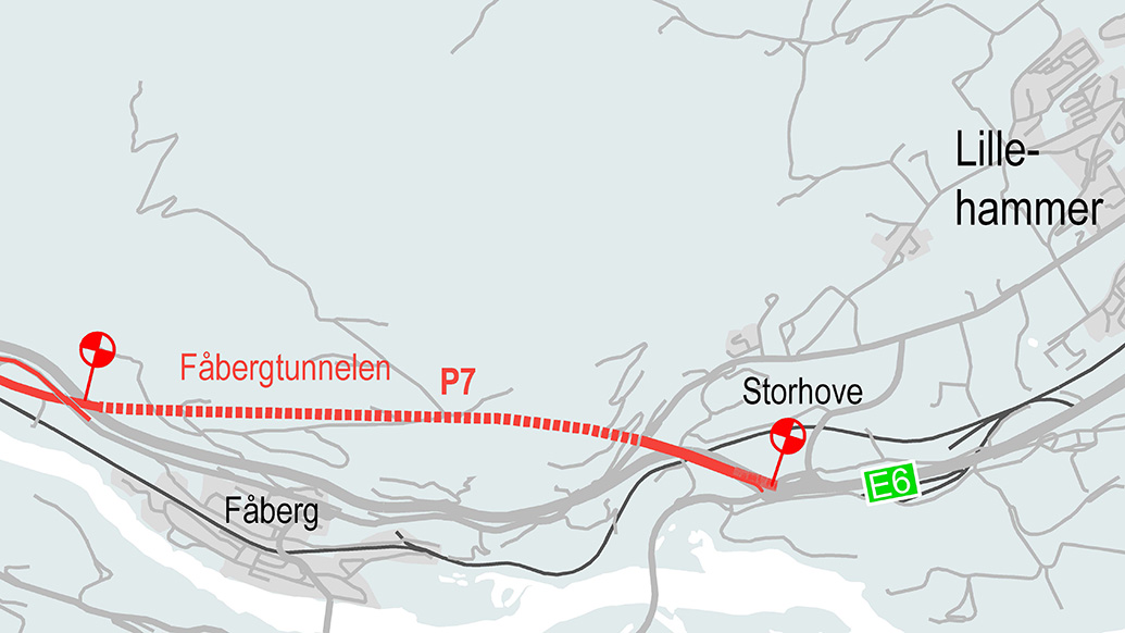 Kart over traseen for ny E6 ved HINNs høgskoleanlegg på Storhove nord for Lillehammer. (Illustrasjon: Nye Veier)