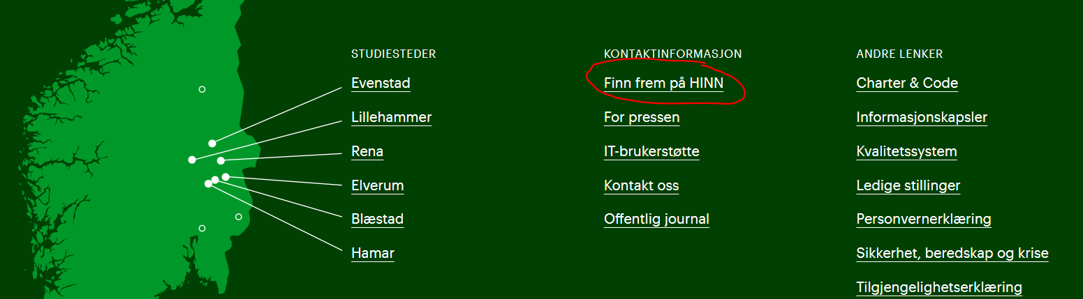 Skjermbilde av lenke i footeren på inn.no som viser hvor lenke til MazeMap er plassert.
