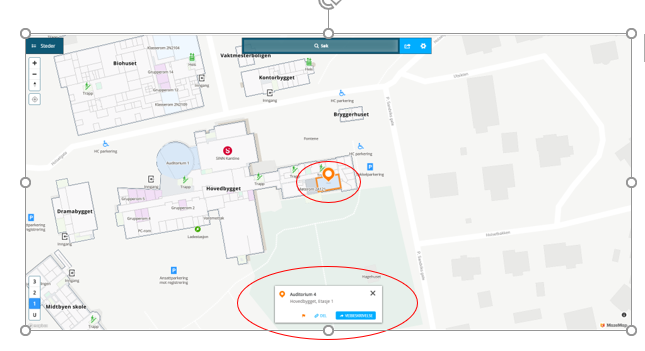 Kartutsnitt fra Mazemap som viser destinasjonen (Auditorium 4, studiested Hamar).