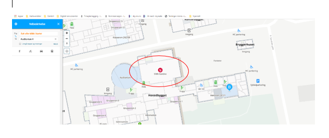 Kartutsnitt fra Mazemap med ring rundt SINN-kantine på Hamar.