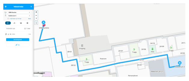 Kartutsnitt fra Mazemap som viser ruten fra Auditorium 4 til SINN kantine.