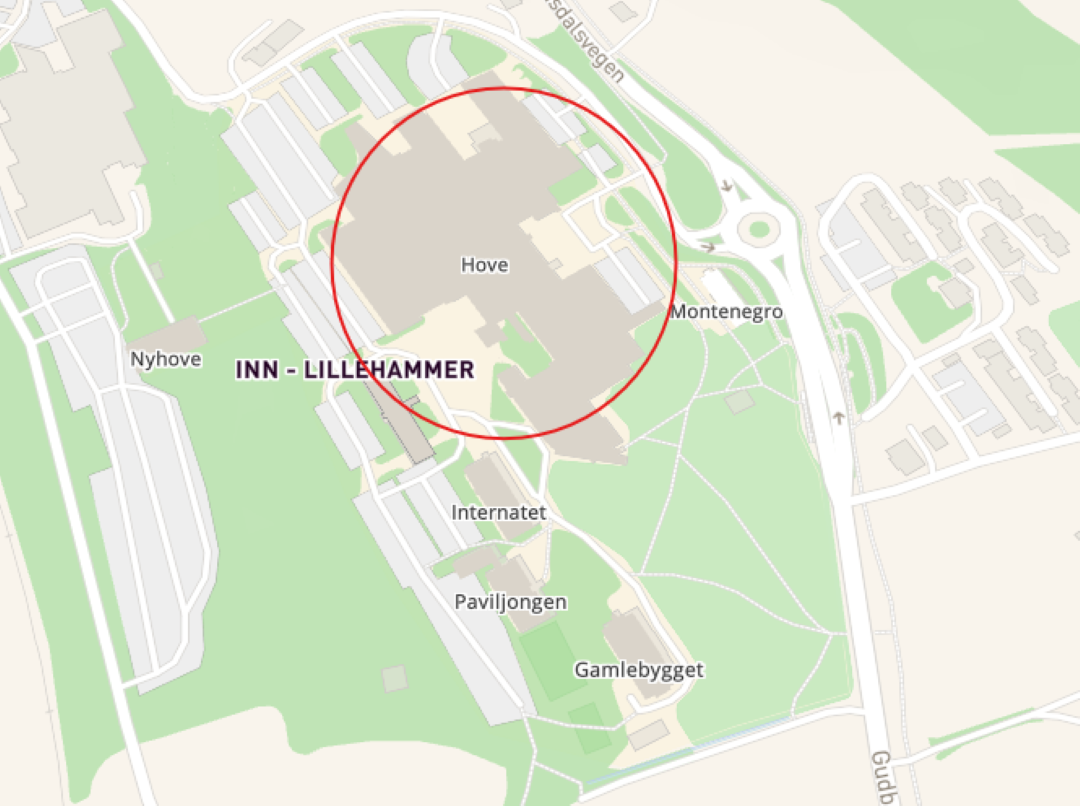 Bilde viser en illustrasjon av byggene hvor Hove er ringet rundt med rødt.