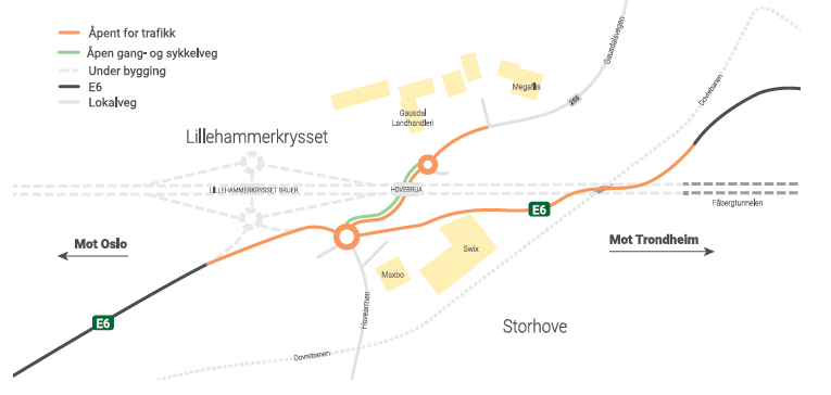 Figur 1: Illustrasjonen viser hvordan Gausdalsarmen vil legges over i permanent trase under E6 og den nybygde Hovebrua. Bilde: Illustrasjon AF-gruppen.