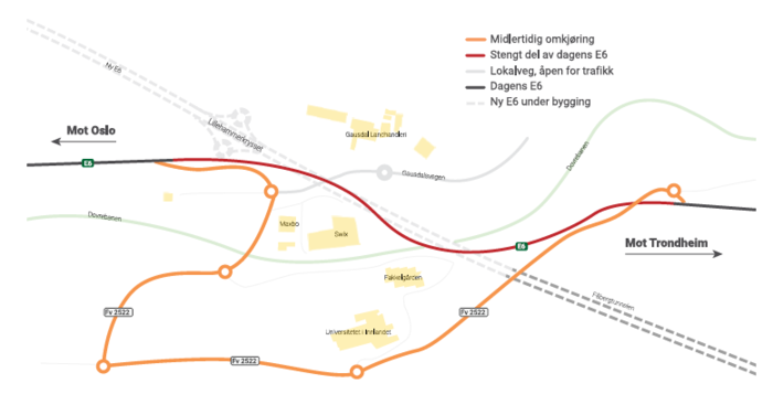 Figuren viser hvordan E6-trafikken vil legges i omkjøring via fylkesveg 2522 og Storhove for å muliggjøre ferdigstilling av det nye Lillehammerkrysset. Bilde: Illustrasjon AF-gruppen.
