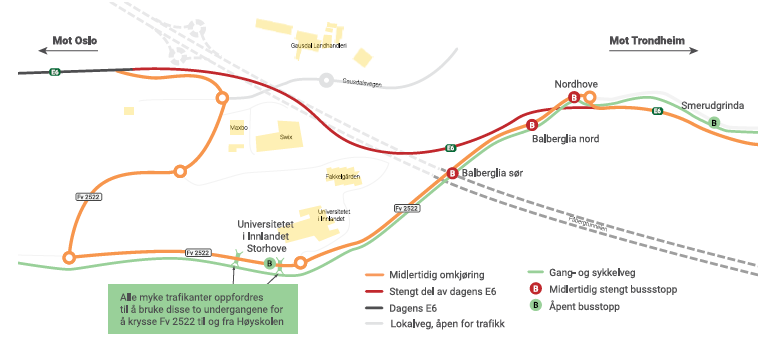 Figur 4: Illustrasjonen viser hvilke busstopp og gang- og sykkelveger som kan benyttes i omkjøringsperioden. Myke trafikanter oppfordres til å benytte undergangene for å krysse vegen ved universitetet.