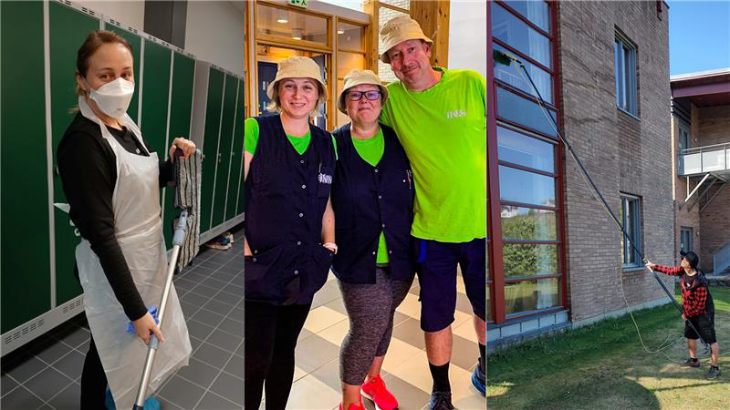 Bilde viser en renholder påført verneutstyr, et bilde med tre renholdere med morsomme hatter, og et bilde som viser en renholder som vasker vindu utvendig.