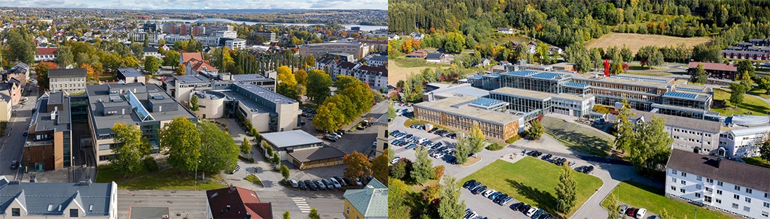 Dronebilder av studiested Hamar og Lillehammer.