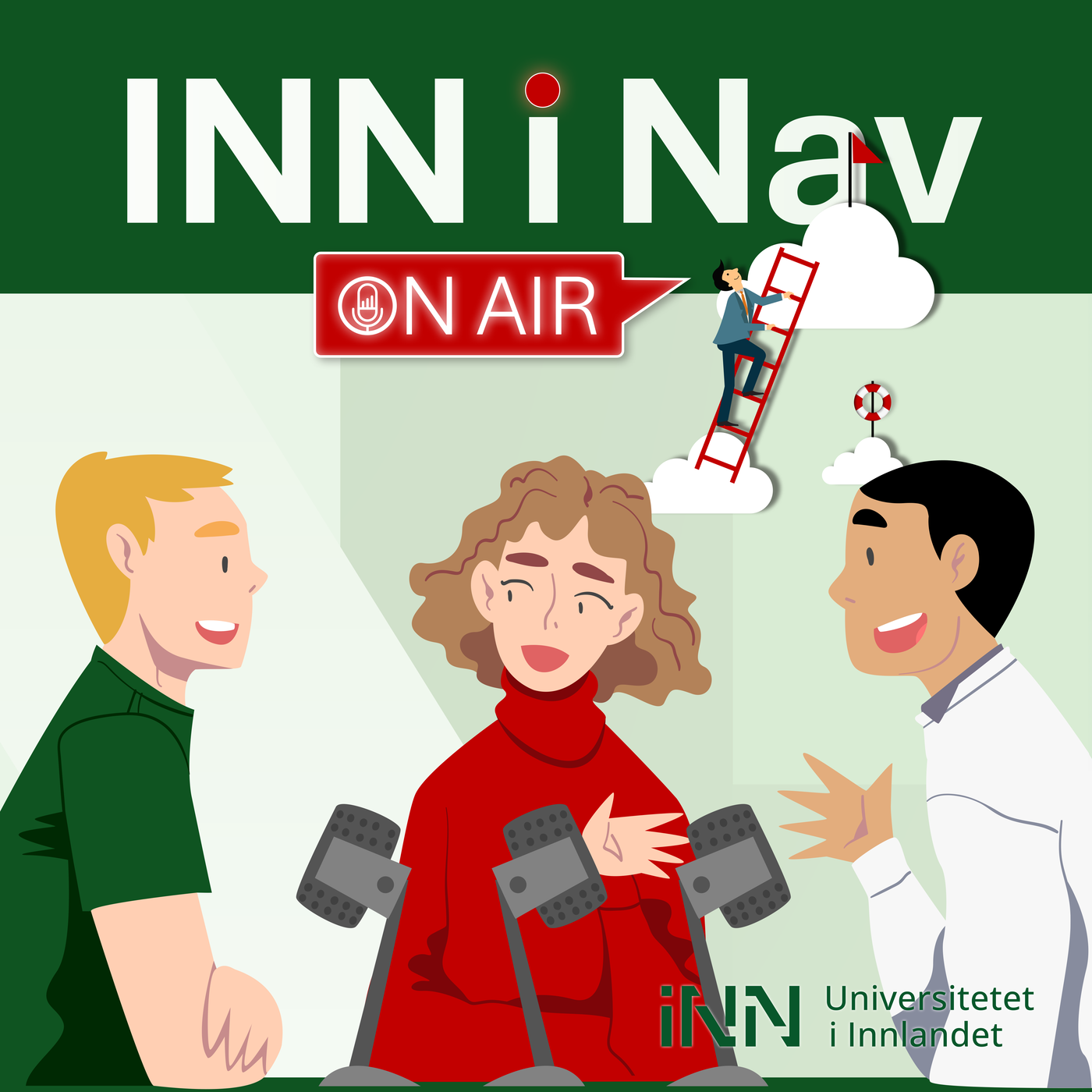 logo INNiNav podkast med tre tegneseriefigurer som snakker rundt en mikrofon