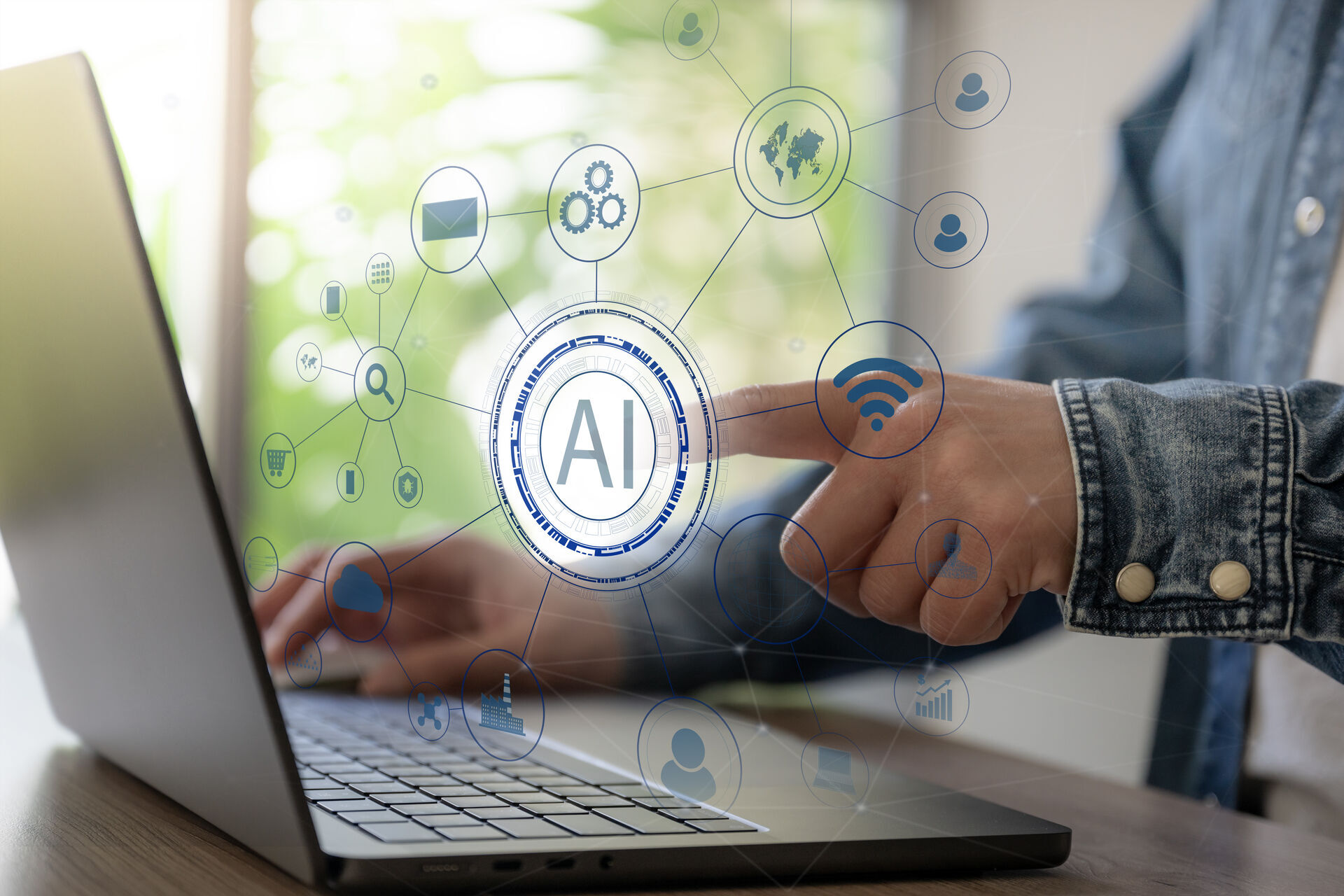 Illustrasjon en arm som peker på en skjerm med AI hologram som stikker ut.