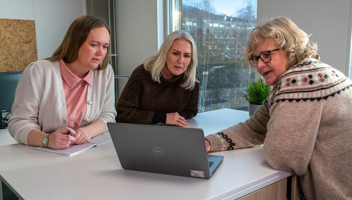 SELLs studieveiledere står foran en PC og diskuterer 