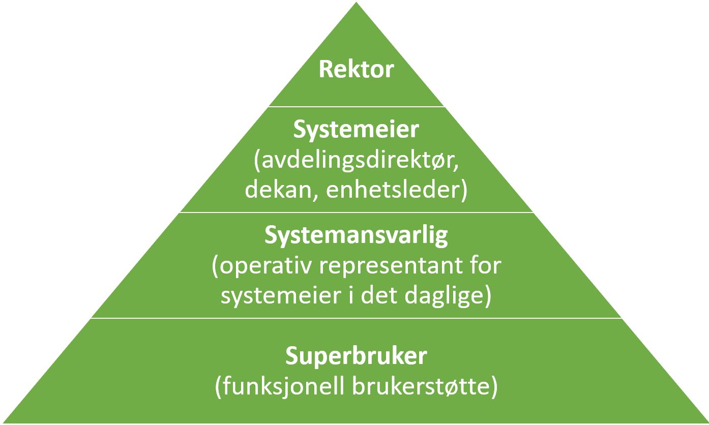 Figur som viser ansvarsfordeling med rektor på toppen, deretter systemeier, systemansvarlig og superbruker