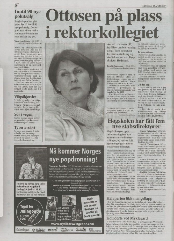 Faksimile fra avisa Østlendingen i juni 2007, sort-hvitt bilde av Anna Ottosen under tittelen "Ottosen på plass i rektorkollegiet.