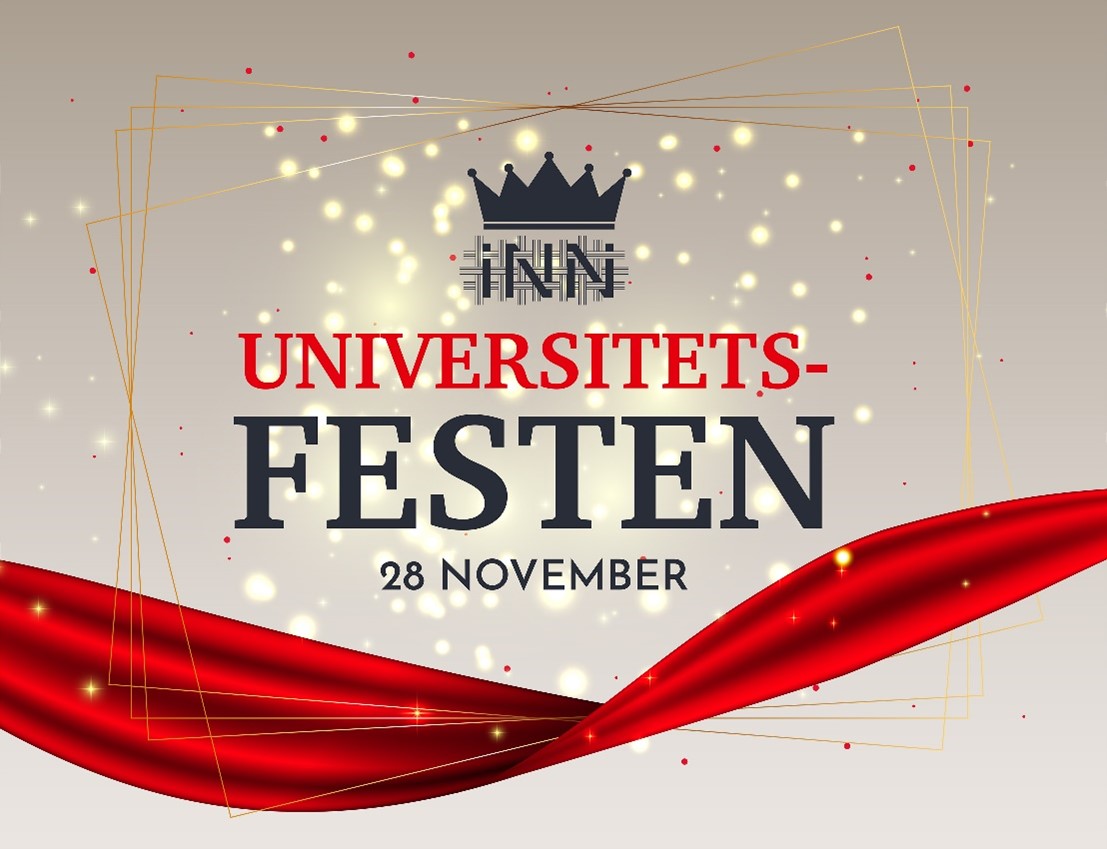 en illustrasjon med rød løper, høgskolens logo, en krone og gullglitter i bakgrunnen