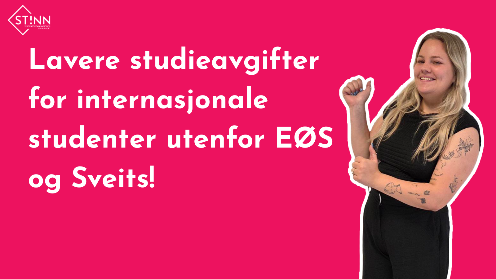 Bilde av internasjonal politisk ansvarlig i Arbeidsutvalget, Julie, og teksten "Lavere studieavgifter for internasjonale studenter utenfor EØS og Sveits!