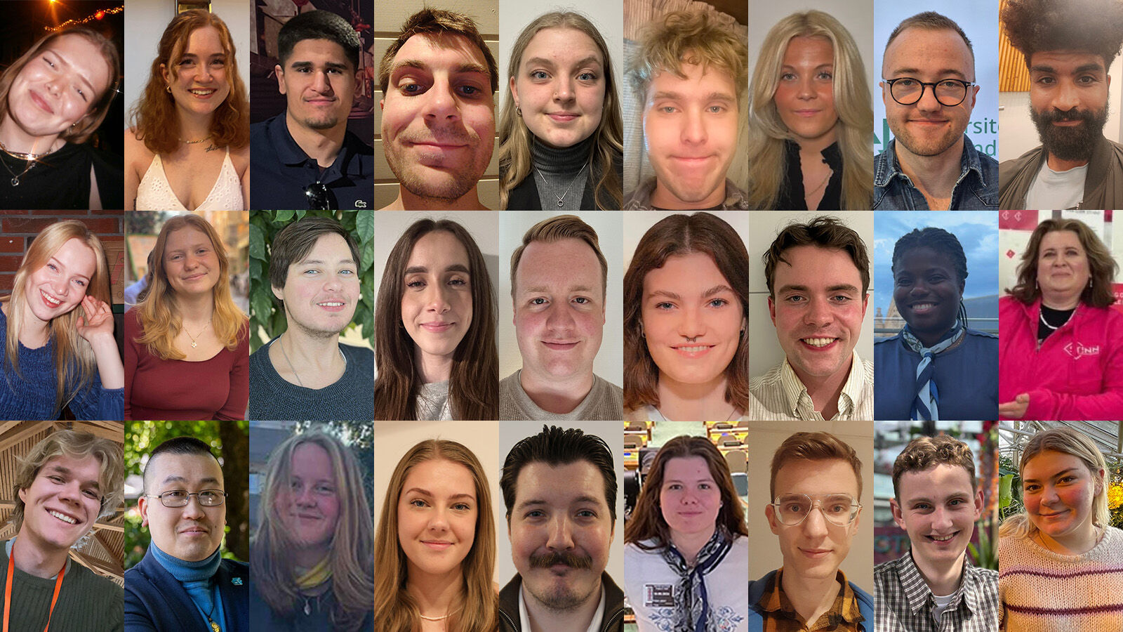 Et rutenett av portrettbildene til de 27 kandidatene som stiller til Studenttinget