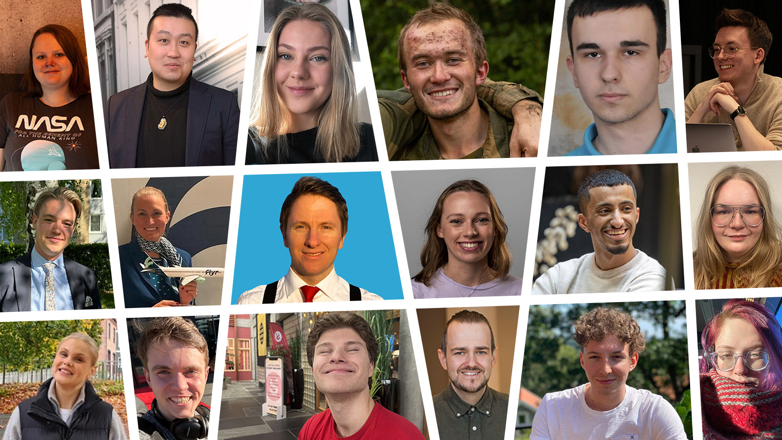 Rutenett med portrettbilder av de 18 kandidatene til Universitetsstyret