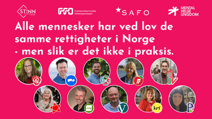 Plakat for valgdebatten, med logo til de fire arrangørene, portrettbilder av de ti politikerne som skal delta i debatten, og overskriften "Alle mennesker har ved lov de samme rettigheter i Norge - Men slik er det ikke i praksis"