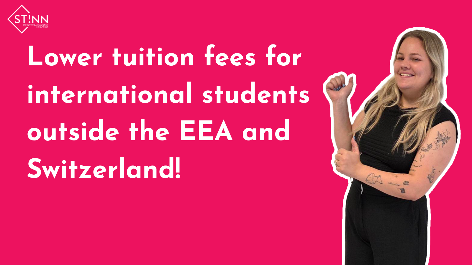 Photo of the International Policy Officer in the Executive Committee (AU), Julie, with the text: "Lower tuition fees for international students from outside the EEA and Switzerland!"