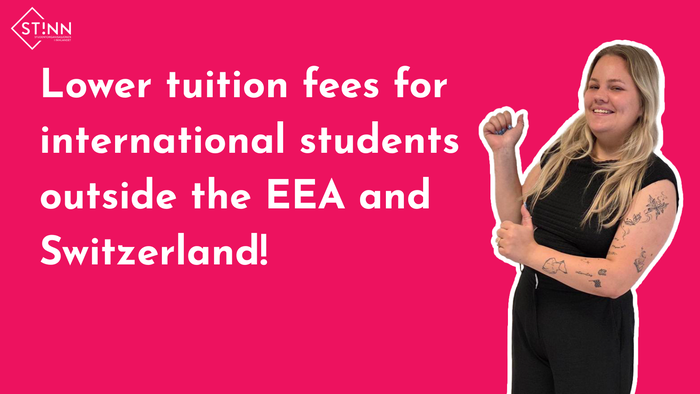 Photo of the International Policy Officer in the Executive Committee (AU), Julie, with the text: "Lower tuition fees for international students from outside the EEA and Switzerland!"