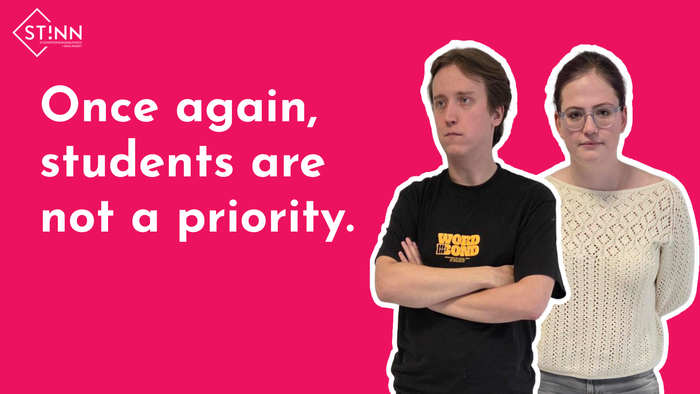 Photo of leader Sander and welfare and learning environment policy officer Mari, with the text "once again, students are not a priority"
