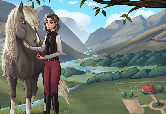 Skjermbilde fra animasjonsbilde med en hest og en jente på en høyde utover en landsby