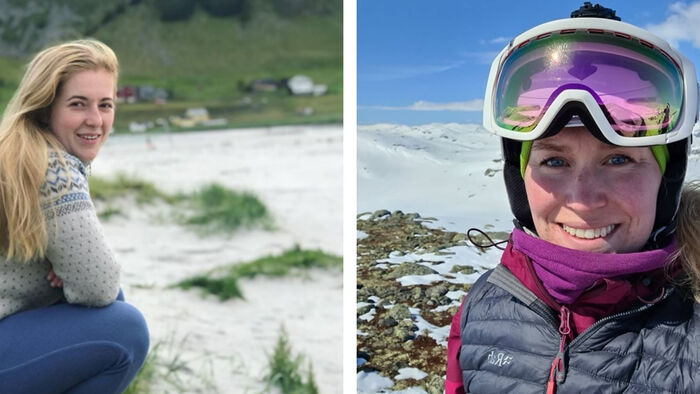 Collage med to studenter ute i naturen. 