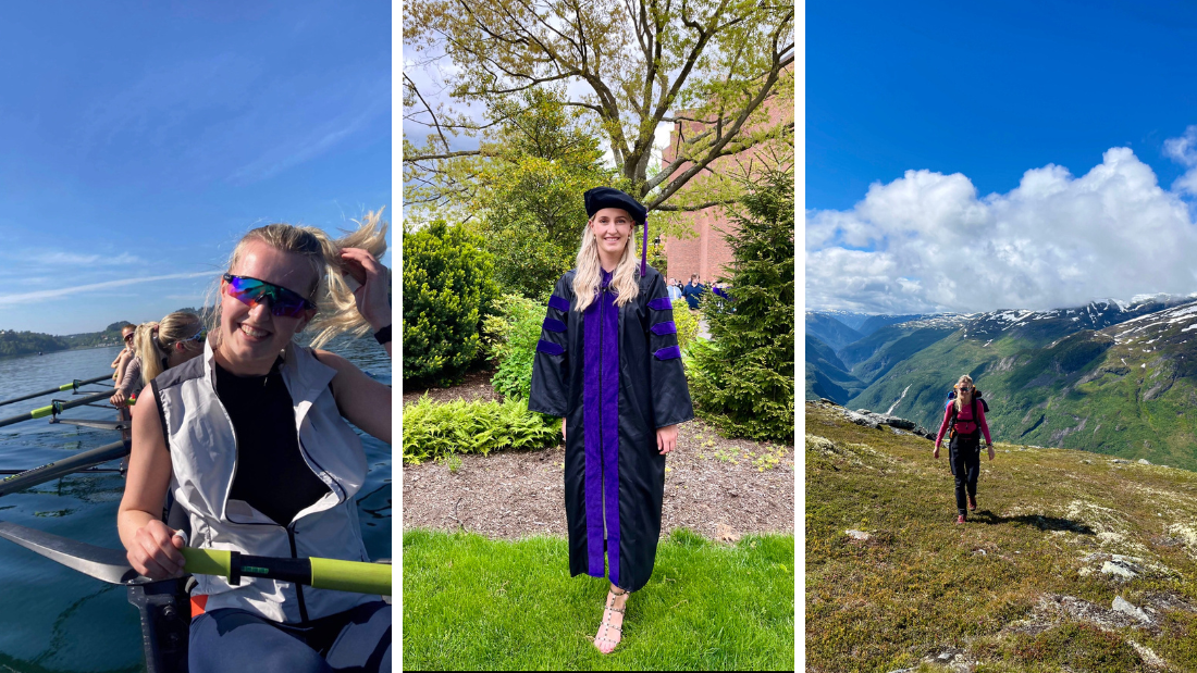 Tre bilder av Katinka i ulike situasjoner på fritiden. Ett bilde av henne smilende i robåt, et bilde fra studietiden i USA og et bilde av henne med fjelltur med vakre omgrivelser. 