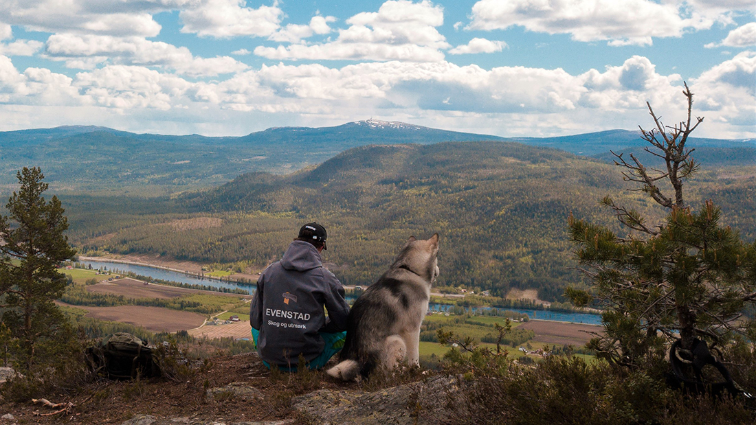 Erlend Furuhovde med hunden sin i skogen ved Evenstad. 