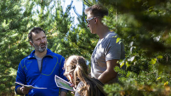 To studenter og en fra fagmiljøet på Evenstad som diskuterer fag ute i skogen. 