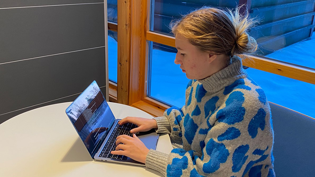 Kvinnelig student som jobber på en PC. 