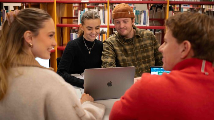 Fire studenter sitter ved et bord i biblioteket og jobber. God stemning.