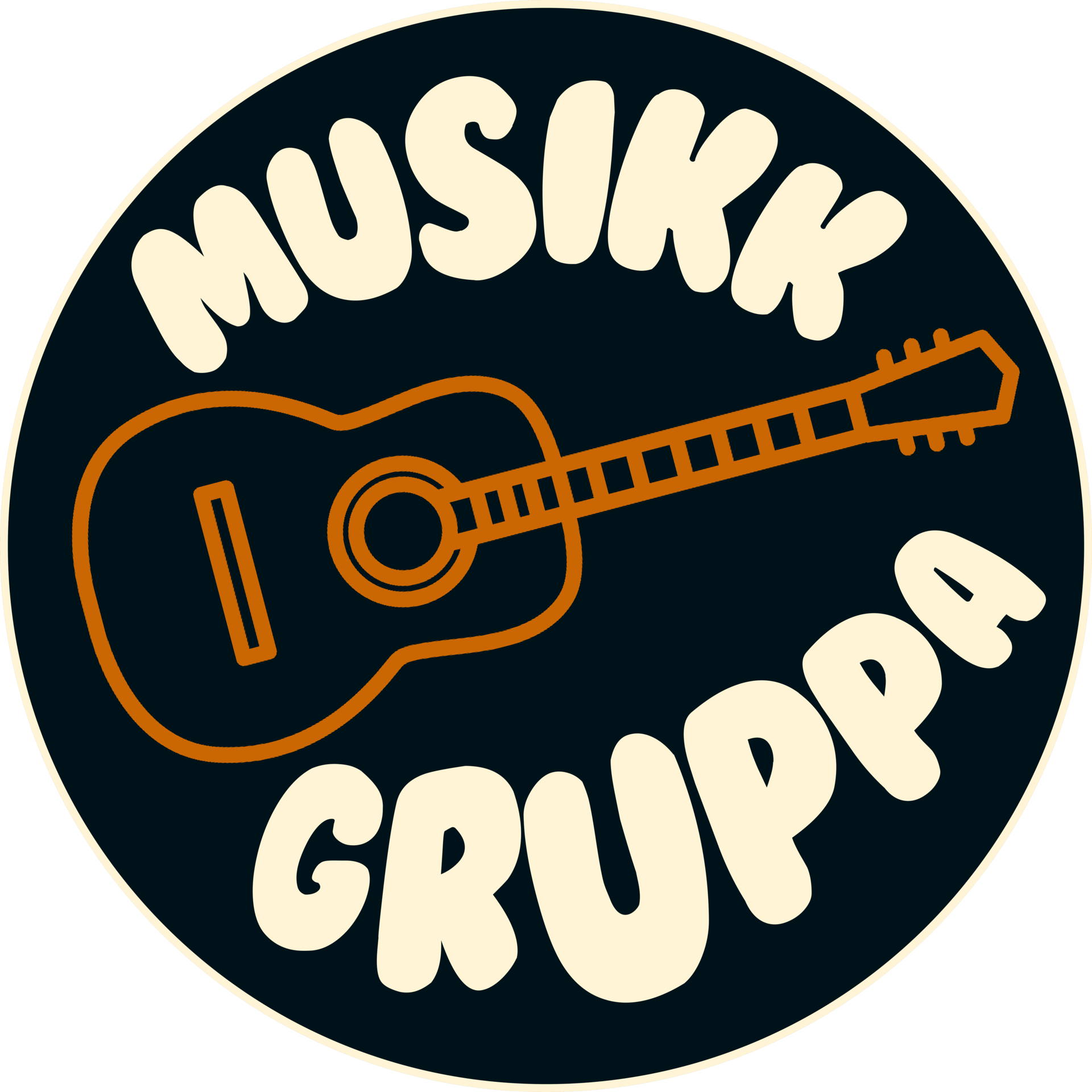 Sort rund logo med en oransje gitar i midten og hvit tekst hvor det står Musikkgruppa