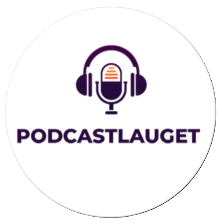 Lilla mikrofon med hodetelefoner over og tekst under hvor det står Podcastlauget.