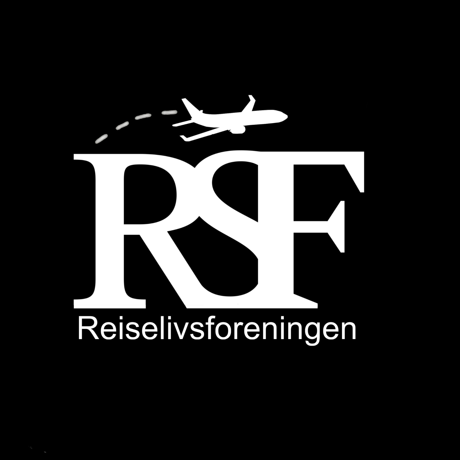 Sort bakgrunn med hvit tekst hvor det står RSF Reiselivsforeningen under. En hvit skisse av et passasjerfly flyr over skriften.